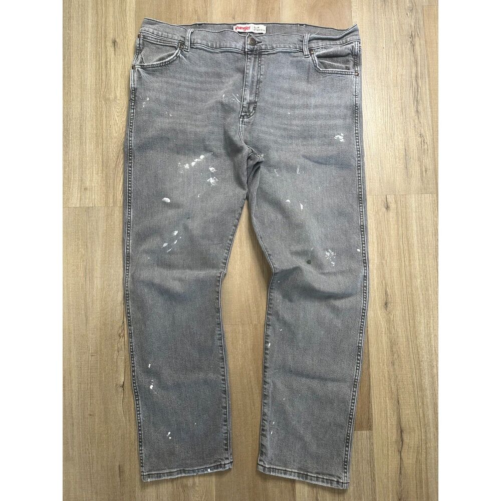 Wrangler Slim Straight Men's 42x32 Gray Thrashed Ripped Gray Denim Jeans